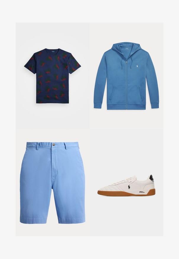 Blå hættetrøje med lynlås foran, forlommer, snøre i hætten og lille hvid Polo Ralph Lauren-logo på venstre bryst.; Marineblå bomulds t-shirt med et gentaget mønster af røde og grønne vinge-designs. Har rund hals og korte ærmer.; Lyseblå herreshorts med bæltestropper, knaplukning og synlige forlommer set forfra.; Hvid lav sneakers med brun gummisål, sort Polo Ralph Lauren-logo på siden og "RL" tekst på hælområdet.