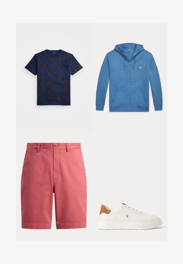 Blå hættetrøje med lynlås foran, forlommer, snøre i hætten og lille hvid Polo Ralph Lauren-logo på venstre bryst.; Marineblå bomulds t-shirt med et gentaget mønster af røde og grønne vinge-designs. Har rund hals og korte ærmer.; Herre koral-lyserøde knælange shorts med knaplukning, bæltestropper og forlommer, vist på hvid baggrund.; Hvid lavtop sneaker med tan hælfane, hvide snørebånd og lille broderet polo-spiller logo på siden over en tyk sål.