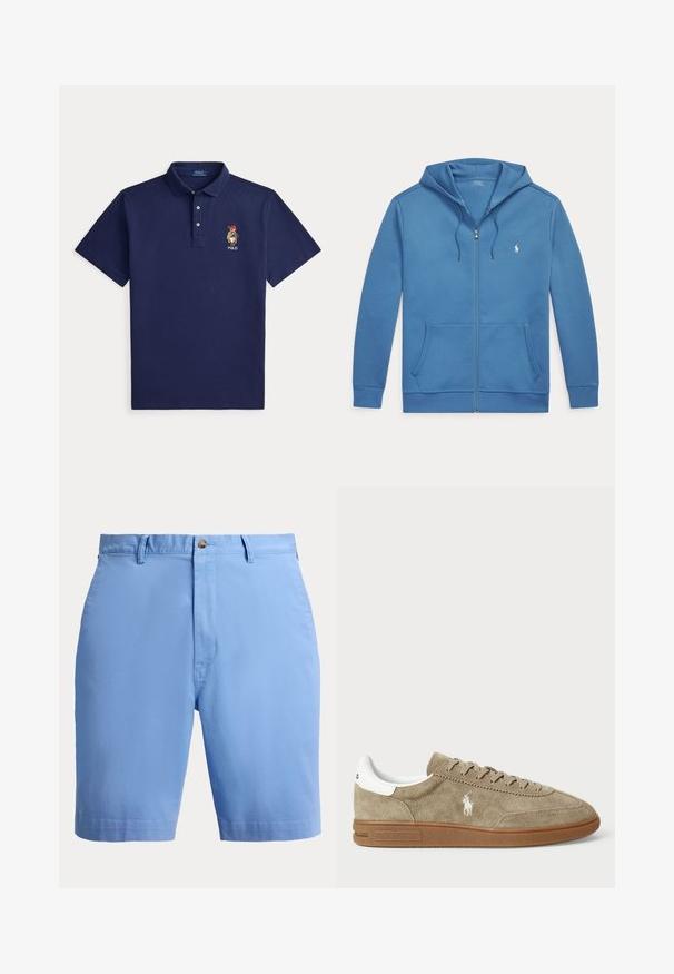 Sudadera con capucha azul con cremallera, bolsillos delanteros, capucha con cordón y pequeño logo blanco de Polo Ralph Lauren en el pecho izquierdo.; Polo azul marino de manga corta con cuello, tres botones y pequeño oso bordado que lleva un sombrero y bufanda rojos en el pecho izquierdo.; Pantalones cortos de hombre a medida de color azul claro con trabillas para cinturón, cierre de botón y bolsillos delanteros visibles desde el frente.; Zapatillas de ante en color marrón con detalles en blanco, punta redonda y diseño con cordones. Presenta un logotipo en relieve y suela de goma para mayor tracción.