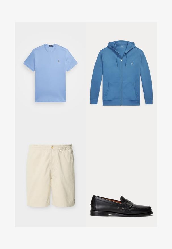 Modrá mikina na zips s prednými vreckami, kapucňou so šnúrkou a malým bielym logom Polo Ralph Lauren na ľavej strane hrude.; Svetlomodré tričko s krátkymi rukávmi vyrobené z bavlnenej zmesi. Má okrúhly výstrih a malé vyšívané logo na ľavej hrudi.; Béžové elastické šortky s jedným zapínaním na gombík, hladkým predným dielom a dĺžkou do polovice stehen.; Čierny kožený mokasín s nízkym podpätkom a detailom s penny remienkom, zobrazený z boku na svetlosivom pozadí.