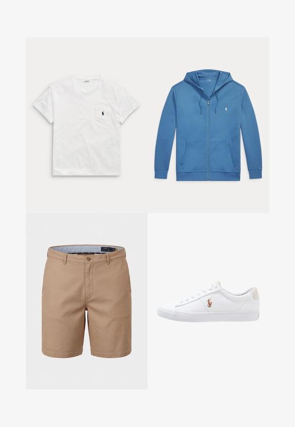 Blå hættetrøje med lynlås foran, forlommer, snøre i hætten og lille hvid Polo Ralph Lauren-logo på venstre bryst.; Hvid t-shirt med korte ærmer og rund hals med en brystlomme, der har en lille mørk polo-spiller-logo.; Beige chino-shorts til mænd med bæltestropper, frontknap, sidelommer og med Polo Ralph Lauren-branding på indersiden af linningen.; Hvide kanvas sneakers med lågtop design, prydet med en beige hælkappe og et lille broderet logo på siden. Gummisål.