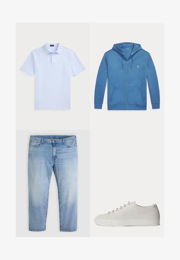 Blauer Kapuzenpullover mit Reißverschluss, Fronttaschen, Kordelzug in der Kapuze und kleinem weißen Polo Ralph Lauren-Logo auf der linken Brust.; Hellblaues Baumwoll-Polohemd mit kurzen Ärmeln, klassischem Kragen, weißen Akzenten und einem kleinen Logo auf der linken Brust.; Hellblaue Denim-Jeans mit Vorderknopf- und Reißverschluss, fünf Taschen und geradem Bein.; Weißer Low-Top Veloursleder-Sneaker mit Schnürung vorne und Gummisohle, minimalistisches Design.