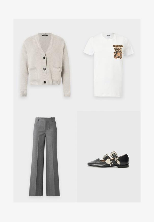 Lysegrå cardigan lavet af blødt, tekstureret stof. Har V-udskæring, ribbet manchetter og kant samt tre sorte knapper og to forlommer.; Hvid t-shirt med korte ærmer med en bamse-grafik og teksten "MOSCHINO" i brun på øverste venstre brystside.; Grå bukser med vidde i et tekstureret stof. Har frontfolder, en tætsiddende talje og en poleret finish, ideel til formelle anledninger.; Sorte læder flade sko med spidse tå, sølv spænde detaljer og dekorative nitter. Har en lav hæl og glat tekstur.