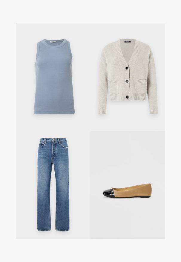 Cardigan gris clair en tissu doux et texturé. Il présente un col en V, des poignets et un ourlet côtelés, ainsi que trois boutons noirs et deux poches avant.; Haut bleu sans manches avec une texture côtelée, un col rond et une coupe ajustée. Le tissu semble lisse et léger.; Jean en denim bleu avec un design à jambe droite, cinq poches et passants de ceinture. Le tissu présente un léger délavage et des accents de couture subtils.; Ballerines avec un embout en cuir verni noir et un corps lisse couleur tan. Présente un petit accent doré près de l'orteil. Semelle plate pour le confort.