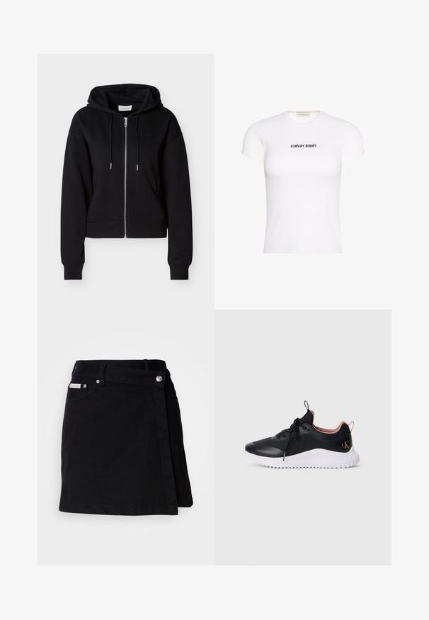 Sort lynlåstrøje med hætte lavet af blødt stof. Har snøre i hætten, ribbede manchetter og et lille logo på venstre side. Kort model.; Hvid tætsiddende t-shirt med korte ærmer med sort "calvin klein" logo broderet på brystet, med rund halsudskæring.; Sort denim mini nederdel med et omslag design, der har en front knappelukning, subtile syninger og et lille mærke ved taljen.; Sorte sportsko med en glat overdel, hvid sål med tekstur og lyserøde accenter ved kraven og på bagsiden, udstyret med snørebånd og branddetaljer.