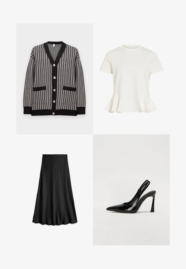 Mustvalge houndstooth musteriga kardigan V-kaelusega, musta äärisega, kahe eesmise tasku ja kuue metallnupukesega keskel.; Valge lühikeste varrukatega pluus ümara kaelusega ja lehvikukujulise peplum-äärisega, sileda kangaga ja lihtsa lõikega.; Must musta satiinist A-lõikega seelik, sileda tekstuuri ja voolava äärega, põlveni ulatuv, valgel taustal esitatud.; Mustmust must have sinine nahk välijalatsid terava toe, saledad kõrged kontsad ja kaks elastset rihma turvaliseks sobitamiseks. Sile, läikiv pind.