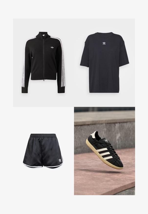 Sort lynlåsjakke med hvide tre-stribede accenter langs ærmerne og lille hvid Adidas trefoil-logo på venstre bryst.; Sort bomulds t-shirt med korte ærmer, rund halsudskæring, med et hvidt Adidas-logo på brystet. Enkel design, afslappet pasform.; Sorte atletiske shorts lavet af glat syntetisk materiale, med hvide sideakcenter og et broderet logo nederst til venstre.; Sort Adidas sneaker med hvide striber og beige sål, fanget i luften over en stenet overflade og baggrund af en stenmur.