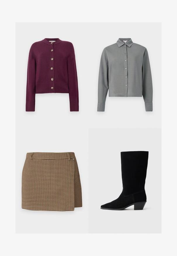 Burgundy cardigan lavet af blødt stof, med rund udskæring, lange ærmer og fem knaplukninger foran med ribbede manchetter.; Grå skjorte med lange ærmer, knapper, krave og manchetter, vist mod en ensfarvet lys baggrund.; Brun og beige houndstooth-mønstereret miniskørt med en lille omslagseffekt og bæltestropper på en hvid baggrund.; Sort ruskind ankelstøvle med spidse tæer, mellemhøj skaft og en chunky hæl. Fuldender et minimalistisk design med lidt syninger og en glat tekstur.