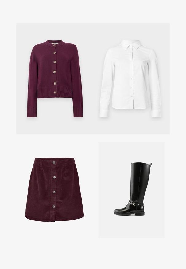 Burgundy cardigan lavet af blødt stof, med rund udskæring, lange ærmer og fem knaplukninger foran med ribbede manchetter.; Hvid skjorte med lange ærmer, knapper, spids krave, lige kant og tætsiddende silhuet, vist på en ensartet lys baggrund.; Bordeaux fløjl mini nederdel med A-line form, der har fem sølvknapper ned foran og en diskret ribbet tekstur.; Sorte knæhøje støvler lavet af blankt læder med en sølvfarvet spænde ved anklen og rundet snude. Flad sål.