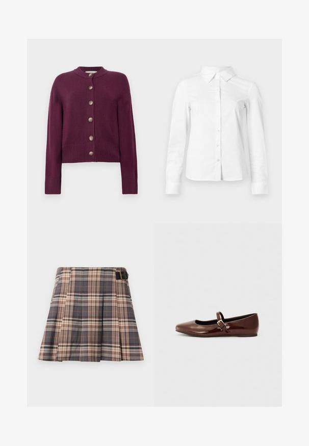 Burgundy cardigan lavet af blødt stof, med rund udskæring, lange ærmer og fem knaplukninger foran med ribbede manchetter.; Hvid skjorte med lange ærmer, knapper, spids krave, lige kant og tætsiddende silhuet, vist på en ensartet lys baggrund.; Rutig nederdel i grå, beige og rustfarver; har plisseringer, en spænde detalje og et struktureret design. Fremstillet af et vævet stof.; Brun patentlæder balletflade med firkantet tå og strop med en lille guldbuckle. Glat tekstur, lav hæl og minimalistisk design.
