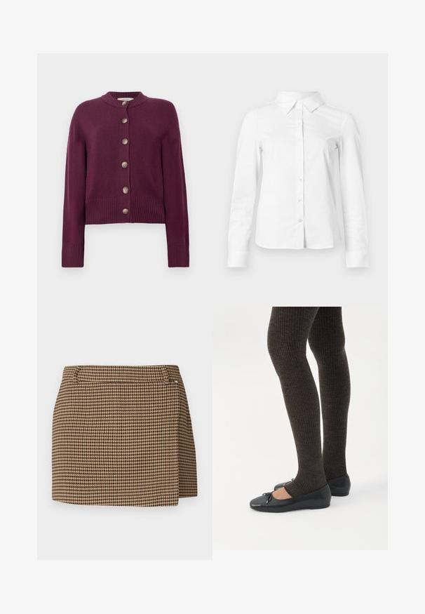 Cardigan bourgogne en tissu doux, avec un col rond, des manches longues et cinq boutons de fermeture à l'avant, accompagné de poignets côtelés.; Chemise blanche à manches longues avec boutons, col pointu, ourlet droit et silhouette ajustée, présentée sur un fond clair uni.; Mini jupe en motif pied-de-poule brun et beige avec un léger détail de drapé et des passants de ceinture sur un fond blanc.; Jambes portant des leggings côtelés foncés associés à des ballerines noires avec de petits détails en nœud sur fond blanc.