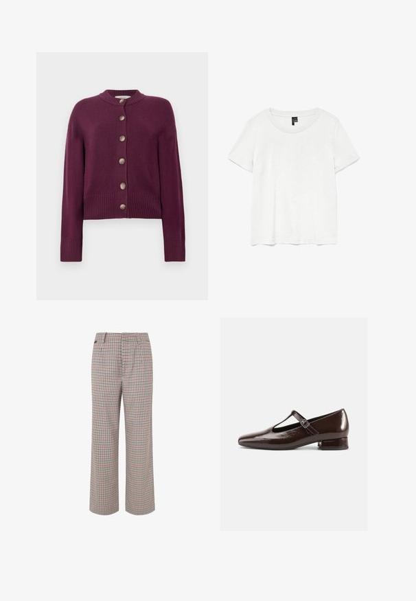 Burgundy cardigan lavet af blødt stof, med rund udskæring, lange ærmer og fem knaplukninger foran med ribbede manchetter.; Hvid kortærmet t-shirt med rund halsudskæring, lavet af letvægtsstof. Enkel design, glat tekstur og lige kant.; Tjekkede bukser i beige, rød og marineblå. Bred ben-design med skræddersyet talje og plisseringer, der har en tekstureret stoffinish.; Brune Mary Jane-sko i laklæder med en rundet tå, udskæringsdesign og justerbar rem. Lav blokhæl.