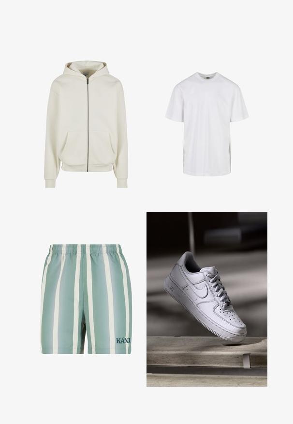 Sudadera con capucha color crema con cremallera, capucha con cordón, bolsillos frontales, puños y dobladillo acanalados, con un pequeño logo bordado en el pecho izquierdo.; Camiseta blanca lisa de manga corta y cuello redondo con un ajuste relajado, mostrada sobre un fondo blanco.; Bañadores de color verde menta con rayas verticales blancas. Cuentan con una cintura elástica y un logo bordado de 'KANI' en verde oscuro. Textura suave.; Zapatilla Nike Air Force 1 de cuero blanco que presenta una puntera perforada, cordones planos y una suela de goma texturizada con la marca "AIR" en el lateral.