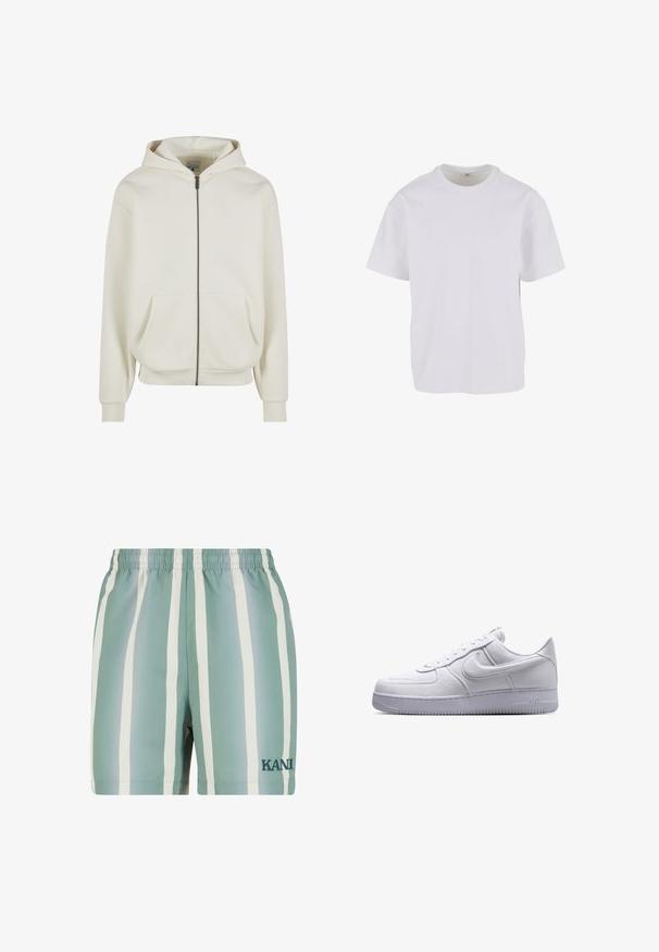 Sudadera con capucha color crema con cremallera, capucha con cordón, bolsillos frontales, puños y dobladillo acanalados, con un pequeño logo bordado en el pecho izquierdo.; Camiseta blanca de manga corta hecha de algodón suave, con un cuello redondo y un corte relajado con dobladillo recto. Sin patrones ni acentos visibles.; Bañadores de color verde menta con rayas verticales blancas. Cuentan con una cintura elástica y un logo bordado de 'KANI' en verde oscuro. Textura suave.; Zapatilla blanca Nike Air Force 1 de caña baja con cierre de cordones y suela texturizada, mostrada en perfil lateral sobre un fondo blanco.