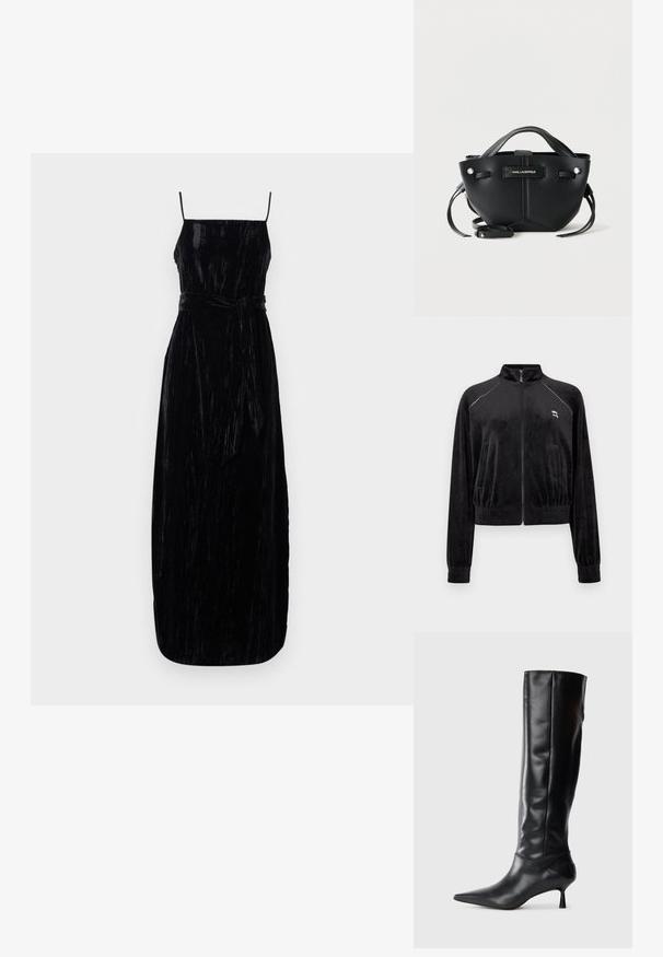 Sort velour zip-jakke med høj krave, ribbede manchetter og kant. Har hvid søm langs skuldrene og et lille logo på brystet.; Sort velour maxi kjole med spaghetti stropper, en tætsiddende bodice og et matchende bindebælte i taljen. Teksturér stof med en let glans.; Sorte læder knæhøje støvler med spids tå og slank buet hæl. Glat tekstur, tætsiddende design og ingen synlig hardware eller mønstre.; Sort Karl Lagerfeld håndtaske med top-håndtag, justerbar skulderrem, sølv hardware og brandlogo på frontpanelet.
