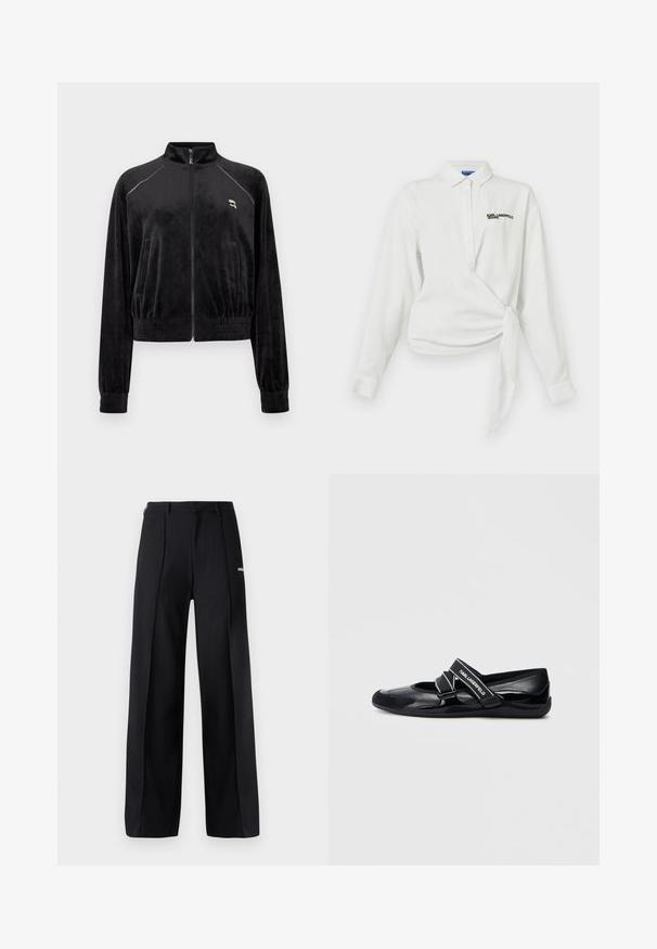 Chaqueta de terciopelo negro con cremallera y cuello alto, puños y dobladillo de canalé. Presenta costuras blancas a lo largo de los hombros y un pequeño logo en el pecho.; Camisa blanca de manga larga con un diseño envolvente, tapeta de botones, cuello puntiagudo y logotipo negro bordado en el pecho. Textura de algodón suave.; Pantalones de pierna ancha de color negro, confeccionados con una tela suave, que presentan pliegues y un pequeño detalle de logo. Diseñados con una cintura de altura media.; Bailarinas negras con acabado brillante, que cuentan con una amplia correa con logo, laterales abiertos y una suela acolchada para mayor comodidad.