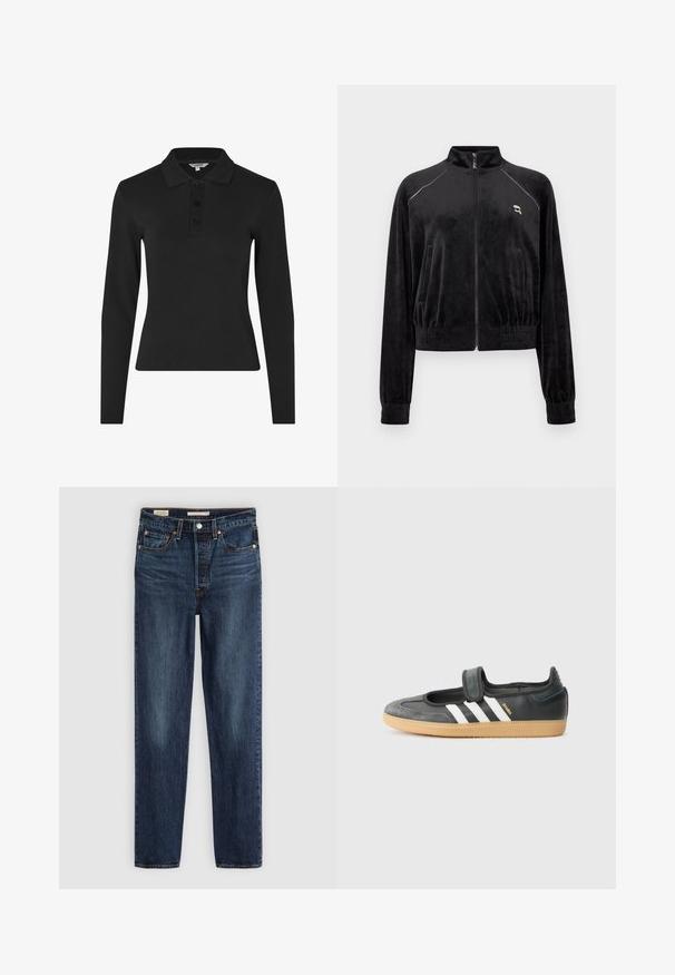 Zwarte velours zip-up jas met een hoge kraag, ribgebreide manchetten en zoom. Voorzien van witte stiksels langs de schouders en een klein logo op de borst.; Zwarte polo met lange mouwen van ribstof, met een klassieke kraag en drie knopen aan de voorkant.; Diepblauwe rechte jeans met vijf zakken, knoop- en ritssluiting, en contrasterende stiksels.; Zwarte leren en suède sneaker met een klittenbandsluiting, voorzien van drie witte strepen en een gumzool, met de naam "SAMBA" aan de zijkant.