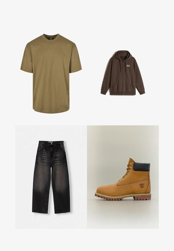 Vans EARTHBOUND LOOSE FIT FULL - Sweatjacke - dark brown; Olivenfarbene T-Shirt, kurze Ärmel, runder Halsausschnitt, aus Baumwollmaterial, verfügt über ein schlichtes Design ohne Muster oder Akzente.; Schwarze Denim-Weite-Leg-Jeans mit einem ausgewaschenen Design, ausgestattet mit fünf Taschen, einem Knopfverschluss und dezenten Waschungen auf der Vorderseite.; Brauner Leder-Stiefelette mit schwarzem Kragen, gelben Schnürsenkeln und hellbrauner Sohle. Verfügt über ein Logo und weiße Ziernähe. Robuste Profilsohle.