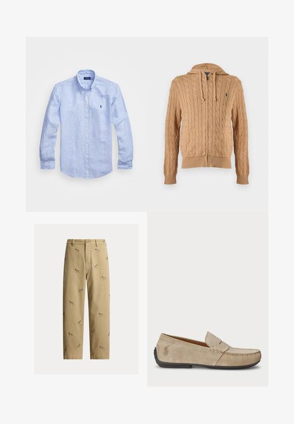 Sudadera beige con capucha de punto con cremallera, bolsillos delanteros, capucha con cordón, dobladillo y puños acanalados y pequeño logo bordado en el pecho.; Camisa de manga larga a rayas azul y blanca hecha de algodón, con cuello de botón, botones en el frente y un pequeño logo bordado en el pecho.; Pantalones de pana beige con diseños bordados de perros, corte recto y estilo de cinco bolsillos con cierre de botón frontal.; Mocasines de ante beige con detalle cosido, suela de goma plana y un pequeño logotipo en el lateral. Diseño clásico de slip-on, textura suave.