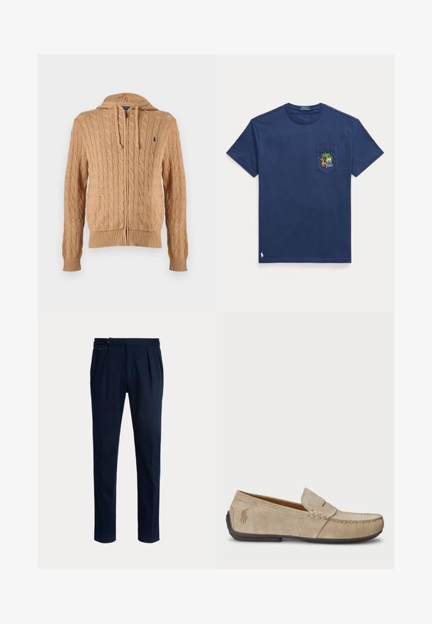Beige kabelstrikket hættetrøje med lynlås, forlommer, snøre i hætten, ribkant forneden og ved ærmerne samt lille broderet logo på brystet.; Mørkeblå kortærmet t-shirt med en lille brystlomme med tropisk palme- og bådbroderi samt et Polo-logo nær kanten.; Mørk navy blå skræddersyede bukser med plisser, sideknapdetalje og lige ben.; Beige ruskindsloafers med syninger, flad gummisål og et lille logo på siden. Klassisk slip-on design, blød tekstur.