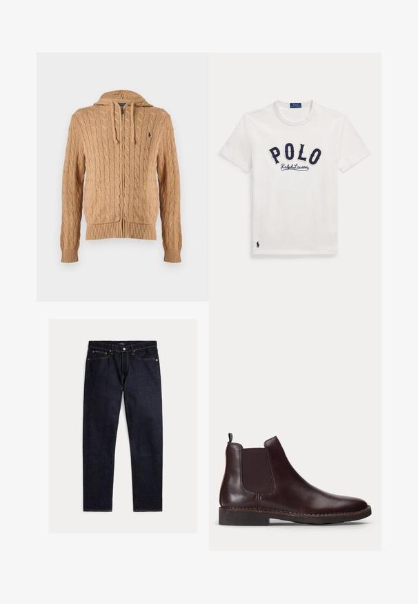 Beiger Strick-Kapuzenpullover mit Zipper, vorderen Taschen, Kordelzugkapuze, geripptem Saum und Bündchen sowie kleinem, besticktem Logo auf der Brust.; Weißes kurzärmeliges T-Shirt mit marineblauem "POLO Ralph Lauren"-Text auf der Brust und einem kleinen navyfarbenen Polo-Spieler-Logo nahe dem Saum.; Dunkel indigoblaue Jeans mit geradem Bein, fünf Taschen, Knopf- und Reißverschluss und kontrastierenden orangen Nähten auf einfarbigem Hintergrund.; Dunkelbrauner Leder Chelsea-Stiefel mit elastischem Seitenpaneel und niedrigem Absatz, im Profil vor weißem Hintergrund gezeigt.