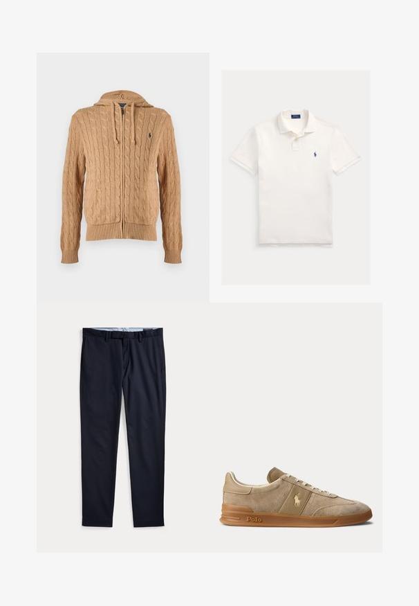 Beige kabelstrikket hettegenser med glidelås, frontlommer, snorresnøring i hetten, ribbestrikkede kanter nederst og rundt håndleddene, og liten brodert logo på brystet.; Hvit kortermet poloshirt med krage og to knapper, med lite marineblått Ralph Lauren-logo på venstre bryst.; Marineblå herrebukser med beltehemper, glidelås og sidelommer, lagt flatt på en hvit bakgrunn.; Beige lavt sneakers i semsket skinn og skinn med gummisåle, hvite lisser og Polo-logo på siden og sålen.