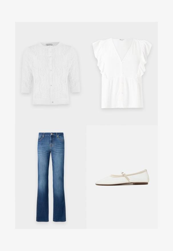 Cardigan blanc en maille à manches courtes avec encolure ronde, boutons en perle sur le devant, et motif délicat en ajouré.; Blouse blanche à manches courtes, décolleté en V, fermeture à boutons, manches volantes et détail de tissu froncé à la taille. Matériau doux et léger.; Jean en denim bleu à pattes d'éléphant avec un design classique à cinq poches, présentant un délavage vieilli, des coutures dorées et une fermeture à bouton à la taille.; Chaussure plate Mary Jane blanche avec bout pointu, fine bride réglable avec boucle argentée, et semelle marron sur fond blanc.