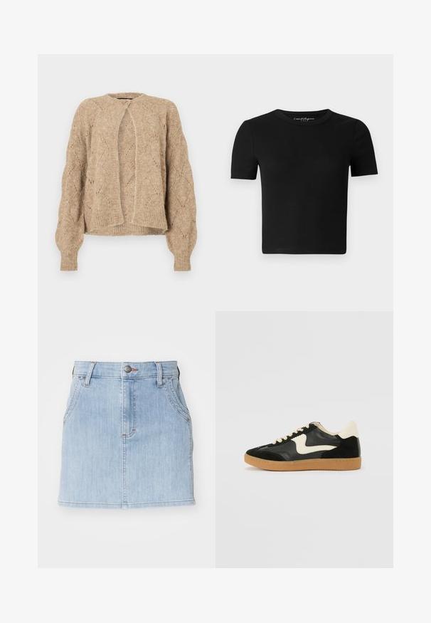 Cárdigan de punto beige con patrón de diamantes, cuello redondo, un solo botón superior, mangas largas abullonadas y puños y bajo acanalados.; Camiseta ajustada negra con mangas cortas, textura acanalada y cuello redondo. Diseño simple, sin logotipos visibles ni adornos.; Falda de mezclilla azul claro con un diseño ajustado, dos bolsillos frontales, cierre con botón en la parte superior y detalles de costura en contraste.; Zapatillas de deporte de ante y cuero negro con un swoosh lateral en crema y un talón en crema claro. Presenta cordones beige y una suela de goma marrón.