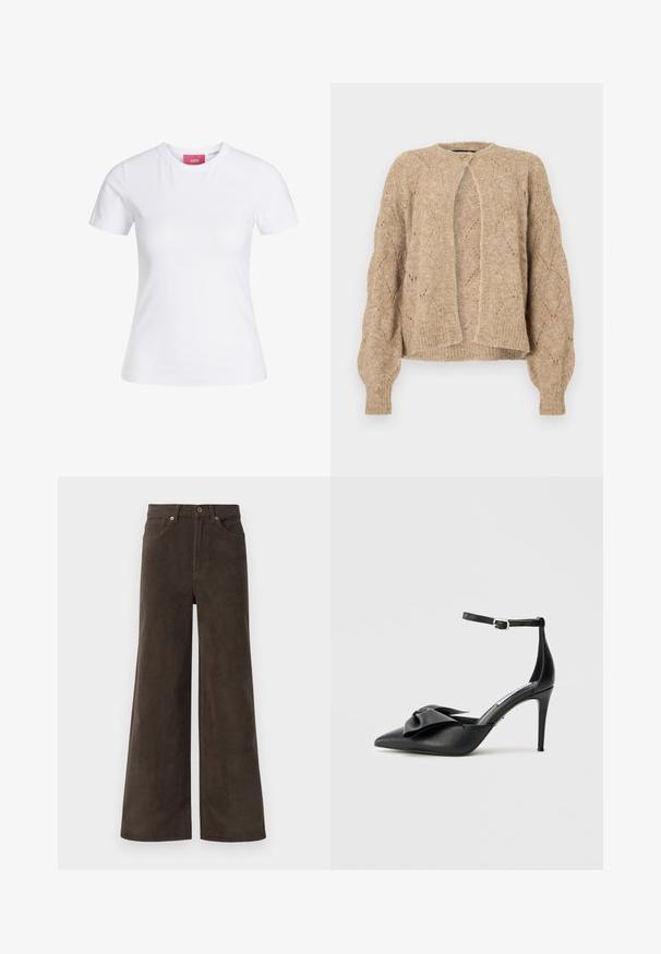Beige strikket cardigan med diamantmønster, rund halsudskæring, enkelt øverste knap, lange oppustede ærmer samt ribstrikkede manchetter og kant.; Hvid slimfit t-shirt med korte ærmer og rund halsudskæring med en lyserød JJXX-label indeni kraven, vist mod en ensfarvet baggrund.; Mørkebrune bredbenede corduroybukser med frontlommer, bæltestropper og en knaplukning i taljen.; Sort højhælet sko med spids tå, satin sløjfe og justerbar ankelrem med sølv hardware. Glat lædertekstur.