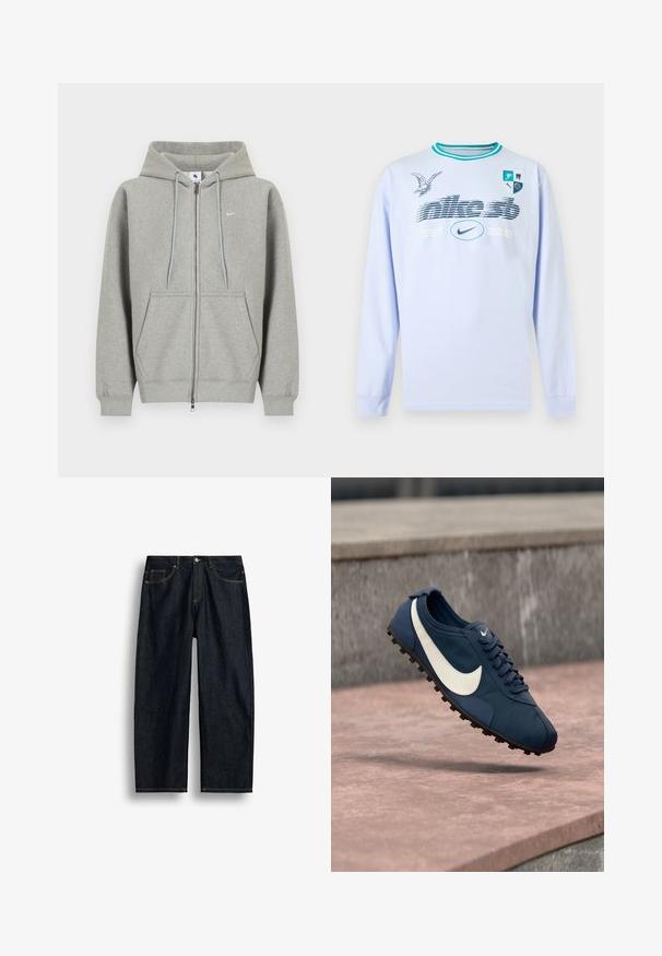 Sweat à capuche gris zippé en matière douce, avec une poche avant, une capuche à cordon et un petit logo blanc sur le côté gauche de la poitrine.; Chemise bleu clair à manches longues avec des rayures turquoise au niveau du col, texte graphique « nike sb EST. 2002 », logo Nike, illustration d'oiseau et blason à quatre icônes sur la poitrine.; Jean en denim bleu foncé à coupe droite avec couture jaune, poches avant et fermeture par bouton à la taille.; Chaussure de sport Nike bleue avec logo swoosh blanc, semelle noire à crampons et lacets, suspendue au-dessus d'une surface en pierre.
