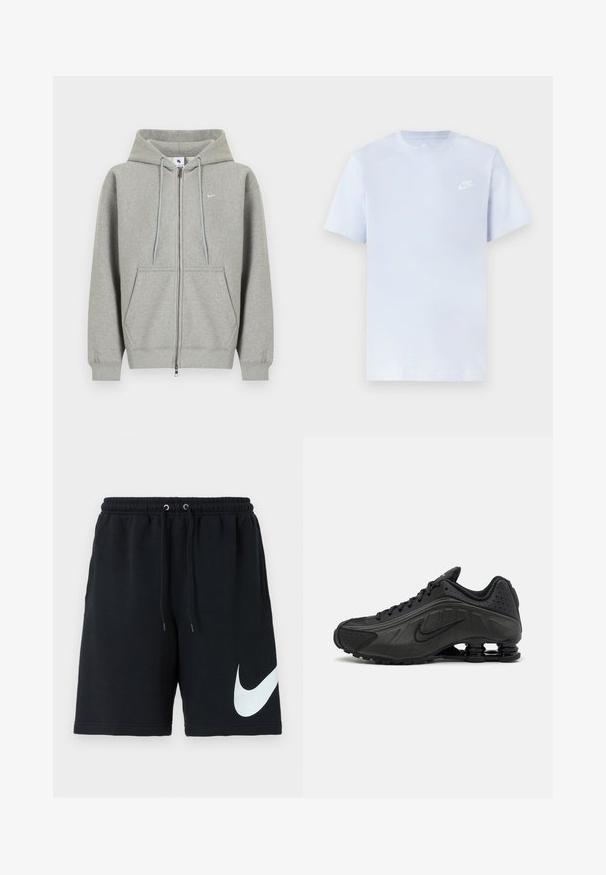 Sudadera con capucha gris con cremallera, hecha de material suave, con bolsillo frontal, capucha con cordón y pequeño logo blanco en el lado izquierdo del pecho.; Camiseta de algodón de color azul claro con mangas cortas, cuello redondo y un logo blanco de Nike impreso en el pecho izquierdo. Textura suave, diseño sencillo.; Shorts de algodón negros con cinturilla elástica, cordón, bolsillos laterales y un gran logo blanco de Nike impreso en el lado izquierdo.; Zapatillas de running negras con un upper sintético liso, detalles perforados, paneles laterales texturizados y una suela distintiva y elástica.
