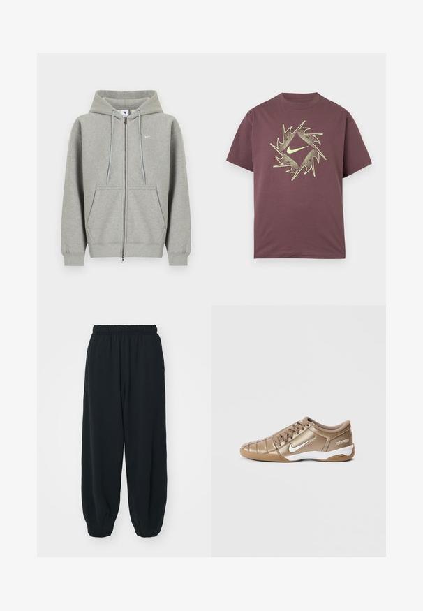 Grå hættetrøje med lynlås lavet af blødt materiale, med frontlomme, snøre i hætten og lille hvidt logo på venstre bryst.; Kortærmet bordeaux T-shirt med et abstrakt, neon gult, spidset cirkeldesign og en central swoosh-logo på brystet.; Sorte svedbukser med elastisk talje, løs pasform, afsluttede ankler, glat tekstur og uden synlige mønstre eller hardware-detaljer.; Nike Total 90 III fodboldstøvler i metallisk guld med en hvid swoosh, der har en glat tekstur, snørelukning og en gummisål.