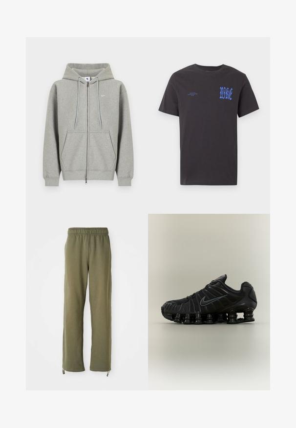 Sivá mikina na zips z mäkkého materiálu, s predným vreckom, kapucňou so šnúrkami a malým bielym logom na ľavej strane hrudníka.; Čierne tričko s krátkym rukávom a okrúhlym výstrihom s modrým nápisom "NIKE" v gotickom písme na hrudi a menším nápisom "NIKE AIR INCORPORATED 1972" na ľavej strane.; Olivovozelené bavlnené tepláky s elastickým pásom, rovnými nohavicami a nastaviteľnými šnúrkami na členkoch. Mäkko tkané, voľný strih.; Čierna bežecká obuv Nike s pružinovou segmentovanou podrážkou, sieťovaným zvrškom a zodpovedajúcim čiernym logom Swoosh na boku.