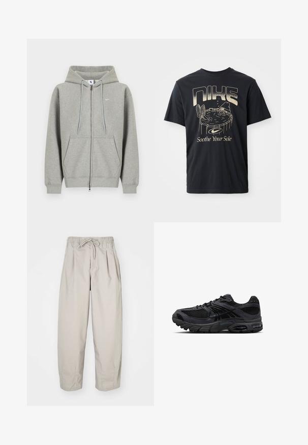 Sivá mikina na zips z mäkkého materiálu, s predným vreckom, kapucňou so šnúrkami a malým bielym logom na ľavej strane hrudníka.; Čierne bavlnené tričko s grafickým potlačou postavy vo vírivke, s nápismi "NIKE" a "Soothe Your Sole" v svetlo zlatom písmene.; Béžové, ľahké nohavice s elastickým pásom a šnúrkou na stiahnutie. Obsahujú plisovanie a voľný strih, vyrobené z mäkkej, hladkej tkaniny.; Čierno-tmavosivé bežecké topánky značky Nike s sieťovinou, semišovými prekladmi, odpruženou podrážkou a viditeľnými vzduchovými jednotkami v päte a prednej časti nohy.