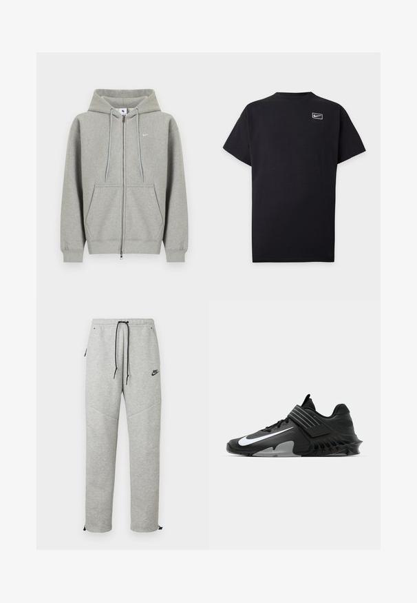 Grijze hoodie met ritssluiting gemaakt van zacht materiaal, met een zak aan de voorkant, een capuchon met trekkoord en een klein wit logo op de linkerborst.; Zwarte korte mouwen Nike T-shirt met klein wit Nike swoosh-logo binnen een rechthoekige omtrek op de linkerborst.; Grijze Nike trainingsbroek met een verstelbare tailleband, zijzakken en elastische boorden. Heeft een soepele textuur en contrasterende zwarte logo-details.; Zwarte sportchoenen met een slank ontwerp, voorzien van een opvallend wit Nike-logo, textuur overlays en een onderscheidende gemodelleerde zool.