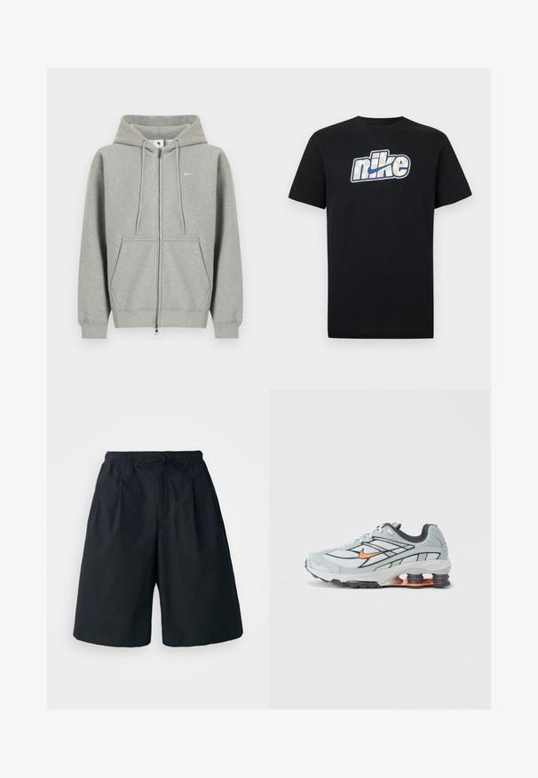 Grå hættetrøje med lynlås lavet af blødt materiale, med frontlomme, snøre i hætten og lille hvidt logo på venstre bryst.; Sort T-shirt med korte ærmer og en stor hvid og blå Nike-logo og swoosh centreret på brystet.; Sorte shorts med elastisk talje og justerbar snor. Lavet af et glat stof, med en løs pasform og uden synlige mønstre.; Lyst grå løbesko med sorte detaljer, orange logo, mesh-overdel, polstret krave og gummisål med synlige stødabsorberende enheder.