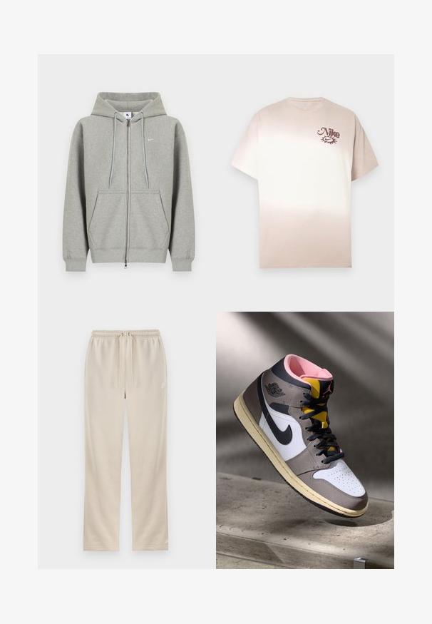 Grauer Kapuzenpullover mit Reißverschluss aus weichem Material, mit einer Vorderentasche, Kordelzug an der Kapuze und kleinem weißem Logo auf der linken Brust.; Nike T-Shirt in Beige bis Creme Ombre, kurze Ärmel, Rundhalsausschnitt, mit kleinem braunem Logo auf der oberen linken Brust. Weiches Baumwollmaterial.; Beige Nike Jogginghose mit elastischem Bund, Kordelzug, geraden Beinen und kleinem weißen Swoosh-Logo am linken Oberschenkel.; Hohe Nike Air Jordan Sneaker in Weiß, Grau und Schwarz mit pinkem Innenfutter und gelber Zunge, auf einer Betontfläche platziert.