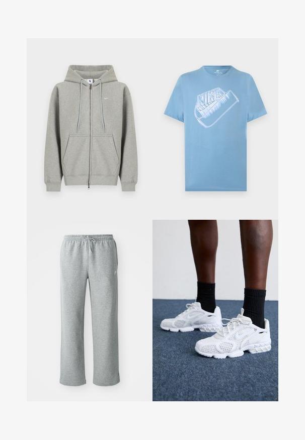 Sweat à capuche gris zippé en matière douce, avec une poche avant, une capuche à cordon et un petit logo blanc sur le côté gauche de la poitrine.; T-shirt Nike bleu clair à manches courtes avec un grand logo Nike blanc stylisé et un graphique swoosh sur la poitrine.; Pantalons de survêtement en coton gris avec une taille élastique, fermeture à cordon et jambes droites. Comprend un petit logo sur le côté supérieur gauche.; Baskets de sport blanches avec dessus en maille, accents texturés et semelle rembourrée. Associées à des chaussettes côtelées noires sur une surface en moquette bleue.