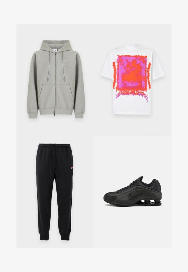 Grå hættetrøje med lynlås lavet af blødt materiale, med frontlomme, snøre i hætten og lille hvidt logo på venstre bryst.; Hvid T-shirt med korte ærmer med en iøjnefaldende pink og orange abstrakt rektangulær grafik og stiliseret tekst nederst i midten foran.; Sorte svedbukser lavet af blødt stof med elastisk talje, justerbar snøre og et lille pink Nike-logo på venstre side.; Sorte løbesko med en glat syntetisk overdel, perforerede detaljer, teksturerede sidedele og en distinkt fjedrende sål.