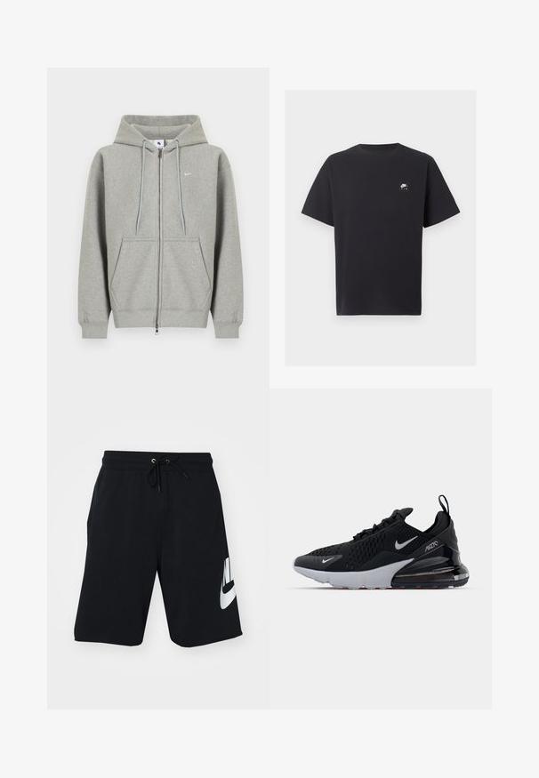 Sudadera con capucha gris con cremallera, hecha de material suave, con bolsillo frontal, capucha con cordón y pequeño logo blanco en el lado izquierdo del pecho.; Camiseta negra de manga corta Nike Air con cuello redondo y pequeño logo blanco en el pecho izquierdo.; Pantalones cortos de algodón negro con cintura elástica y cordón, bolsillos laterales y gran logo blanco de Nike impreso en el muslo izquierdo. Diseño atlético clásico.; Zapatilla deportiva negra con parte superior de malla, mediopie blanca y amortiguación de aire visible en el talón. Diseño elegante con sutiles acentos plateados.