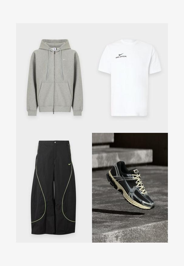 Grå hættetrøje med lynlås lavet af blødt materiale, med frontlomme, snøre i hætten og lille hvidt logo på venstre bryst.; Hvid bomulds T-shirt med korte ærmer. Har en sort "Nike Official"-logo og en sort swoosh på venstre brystside.; Sorte Nike bukser med brede ben, med neon-grøn buet piping og lille Nike swoosh-logo på højre lår, knap- og lynlåslukning i taljen.; Sort og grå Nike-løbesko med cremefarvede snørebånd, der svæver over en tekstureret betonoverflade.