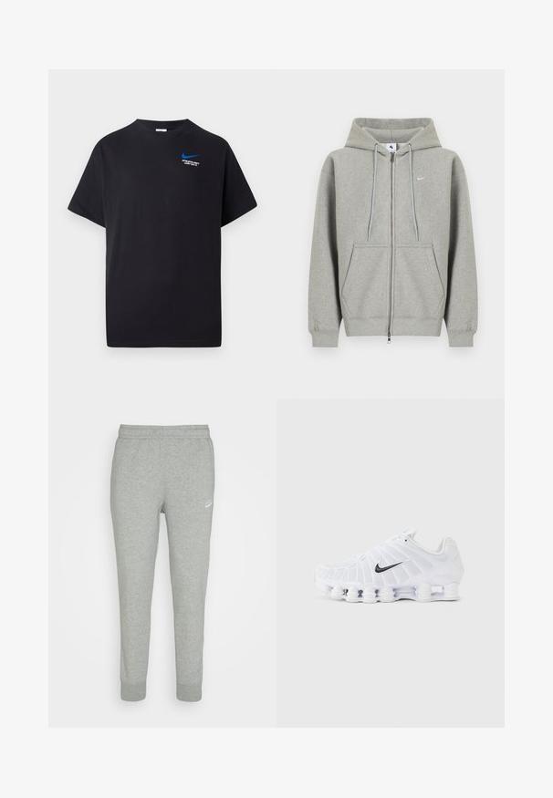 Sudadera con capucha gris con cremallera, hecha de material suave, con bolsillo frontal, capucha con cordón y pequeño logo blanco en el lado izquierdo del pecho.; Camiseta negra de manga corta con pequeño swoosh azul de Nike y texto blanco "DEPARTAMENTO ATLETICO SOLO HAZLO." en la parte superior izquierda del pecho.; Pantalones de chándal grises hechos de una tela suave, con un diseño de pierna ajustada, cinturilla elástica y pequeño logo blanco de Nike en el muslo izquierdo.; Zapato de running blanco Nike con logo Swoosh negro, parte superior de malla y suela segmentada similar a un resorte diseñada para amortiguación y soporte.