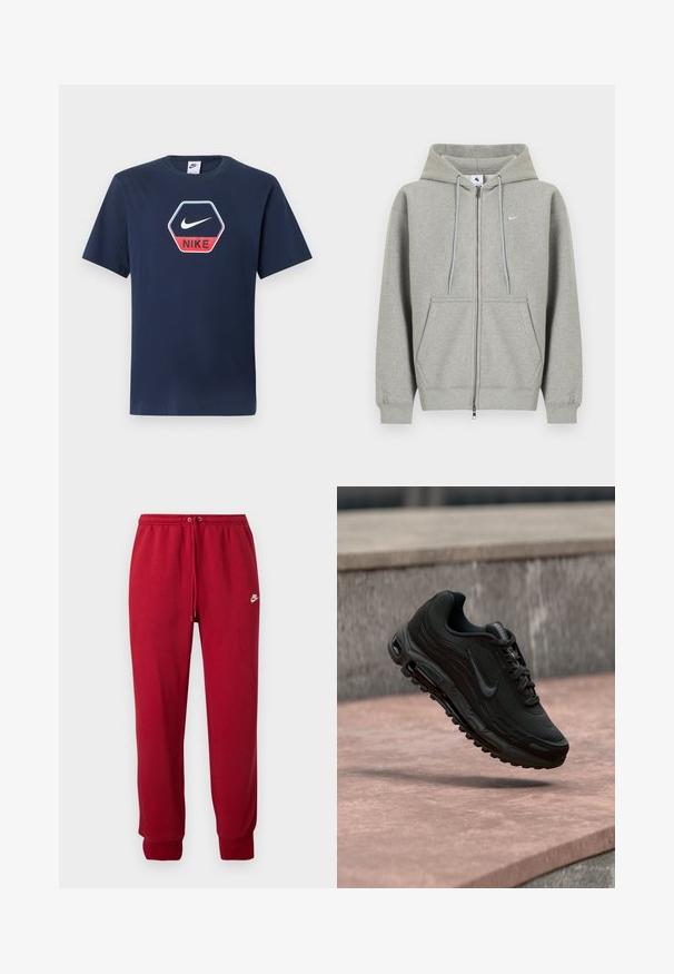Grå hættetrøje med lynlås lavet af blødt materiale, med frontlomme, snøre i hætten og lille hvidt logo på venstre bryst.; Mørkeblå Nike T-shirt med korte ærmer, rund hals og sekskantet logo med en hvid swoosh og rød "NIKE" tekst foran.; Røde Nike joggingbukser med elastisk talje, snøre, ribkant ved anklerne og lille hvid Nike-logo på venstre lår.; Sort Nike Air Max træningssko svævende over en stenovertflade med en sløret stenvæg i baggrunden.