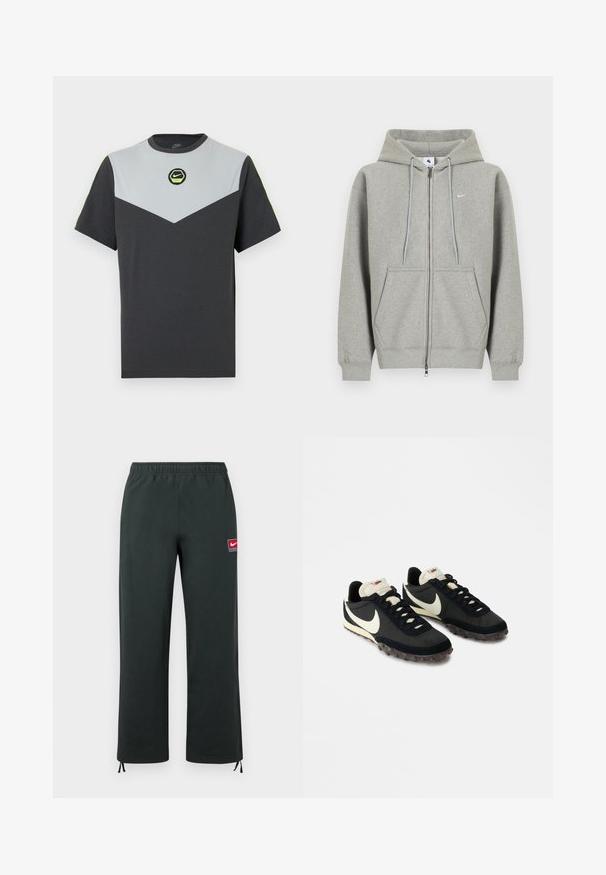 Grå hættetrøje med lynlås lavet af blødt materiale, med frontlomme, snøre i hætten og lille hvidt logo på venstre bryst.; Kortærmet Nike T-shirt i mørkegrå og lysegrå med et chevron-design, cirkulært logo i grøn og kontrasterende neon accenter ved skuldrene.; Mørkegrønne Nike-bukser med elastisk taljebånd, lige ben, lille rød og hvid Nike-logo-patch på låret og justerbare snore i manchetterne.; Sorte sportssko med en struktureret overdel, hvid swoosh-logo og gummisål med små stik til trækkraft. Elfenbensfarvet krave.