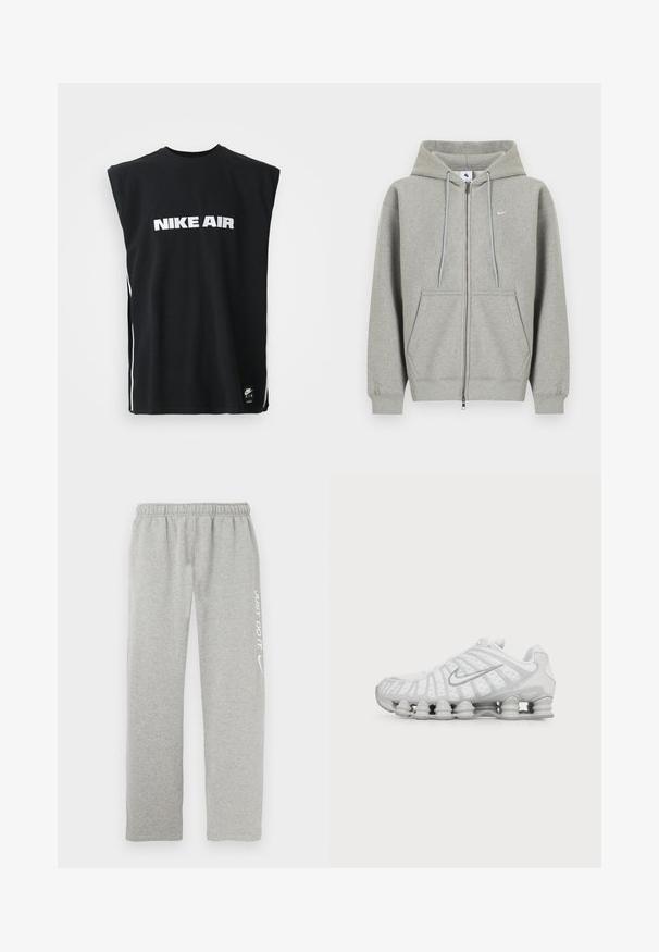 Sivá mikina na zips z mäkkého materiálu, s predným vreckom, kapucňou so šnúrkami a malým bielym logom na ľavej strane hrudníka.; Čierne tielko bez rukávov Nike Air s bielym logom textu umiestneným na strede hrudníka a malou čiernou nášivkou Nike Air blízko dolného lemu.; Sivé teplákové nohavice vyrobené z mäkkého materiálu s elastickým pásom. Na jednej nohe je biely nápis "JUST DO IT" a logo Nike Swoosh.; Biela bežecká obuv Nike s viditeľnou vzduchom odpruženou podrážkou a strieborným logom Swoosh na boku, zobrazená z vonkajšej strany.