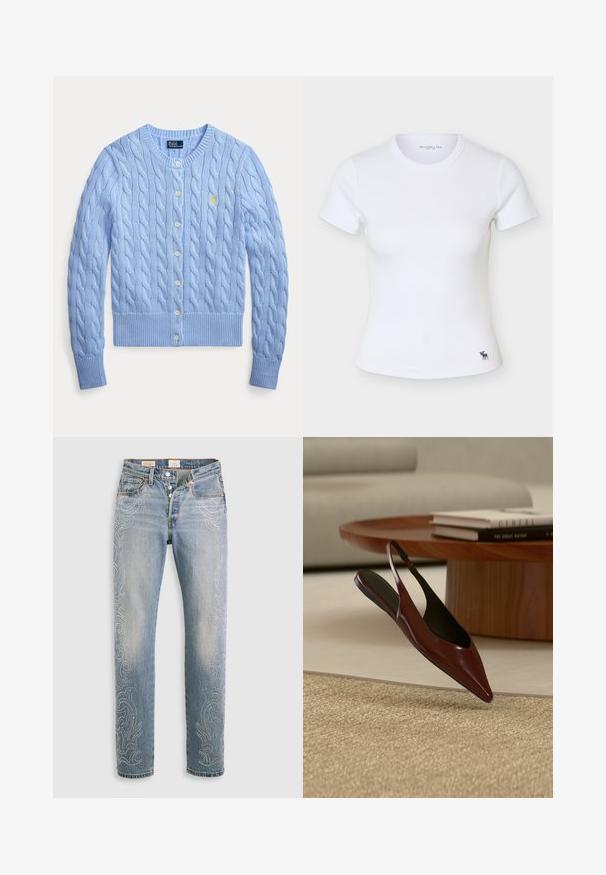 Lyseblå kabelstrik cardigan med rund hals, knaplukning foran, ribstrikkede ærmeafslutninger og kant samt lille gul Polo Ralph Lauren-logo på brystet.; Hvid kortærmet tætsiddende ribstrikket T-shirt med rund halsudskæring og lille mørk elg-logo nær den nederste kant på venstre side.; Lysblå denimjeans med høj talje, lige ben og dekorative perlemønstre langs de ydre sømme. Fem-lomme-design og knaplukning.; Mørkebrun spids slingback, flad sko svæver over et vævet beige tæppe med et rundt bord i træ og bøger i baggrunden.
