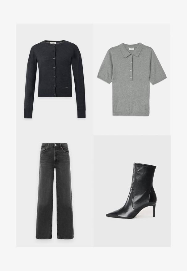 Cardigan gris foncé à manches longues avec boutons, col rond et petite étiquette près de l’ourlet inférieur à l’avant.; Polo gris en tissu doux et texturé, avec un col, des manches courtes et une patte de boutonnage à quatre boutons.; Jean en denim noir taille haute, coupe droite, avec bouton et fermeture éclair à l'avant, deux poches avant et deux poches arrière.; Bottes noires à la cheville en cuir lisse, dotées d'un bout pointu, d'un tige ajustée et d'un talon haut fin. Design minimaliste sans quincaillerie visible.