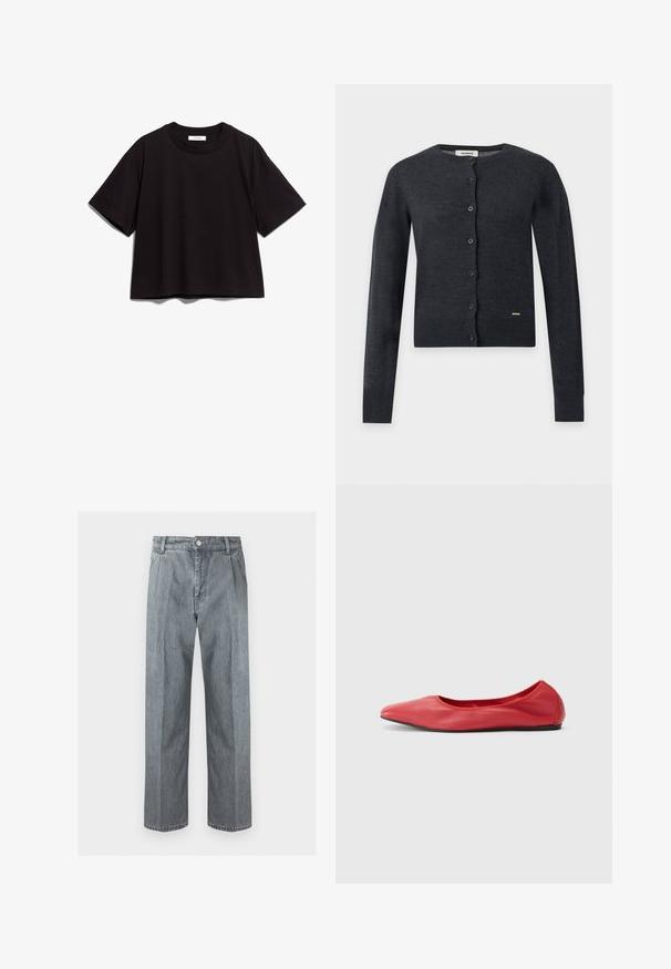 Mørkegrå cardigan med lange ærmer og knapper, rund halsudskæring og lille mærke nær nederste kant foran.; Sort bomulds t-shirt med rund halsudskæring og korte ærmer. Har en afslappet pasform og et enkelt, uprydet design.; Lysegrå straight-leg denim jeans med bæltestropper, forreste knaplukning, lynlås og sidelommer.; Filippa K REY FLATS - Ballerinasko - bright red
