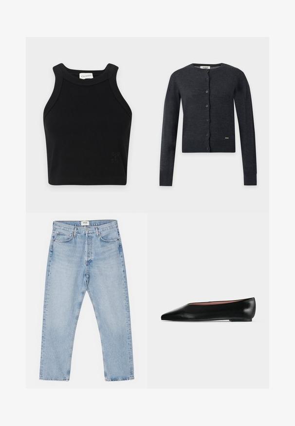 Mørkegrå cardigan med lange ærmer og knapper, rund halsudskæring og lille mærke nær nederste kant foran.; Sort ribbet crop top med en tætsiddende design, brede stropper og en diskret logo-detalje. Lavet af strækbart materiale for komfort.; Lysblå denimjeans med en klassisk lige skåret ben, fem lommer og knaplukning, der har en subtil falmet effekt og en robust tekstur.; Sort damesko i læder med flad hæl og spids tå, vist fra siden på en ensfarvet lys grå baggrund.