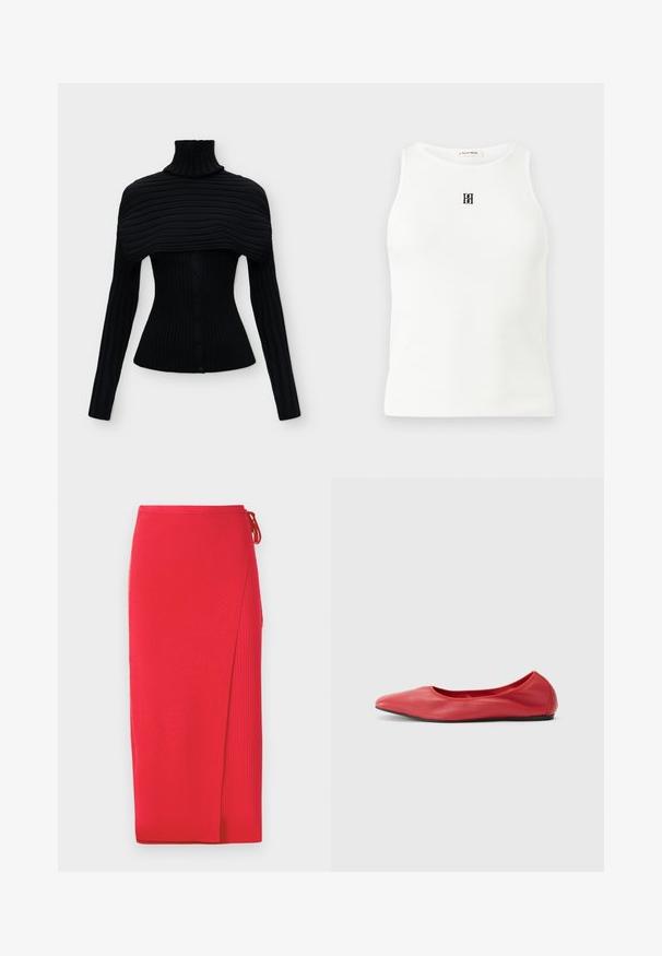 Sort ribstrikket sweater med knapper foran, lange ærmer, høj hals og fastgjort bred skulderkappe detalje.; Hvid ribstrikket ærmeløs tanktop med rund halsudskæring og lille sort broderet logo midt på brystet.; Rød ribbet strikket midi-nederdel med en sidelufte, der har en bånddetalje i taljen. Glat tekstur med en tætsiddende silhuet.; Filippa K REY FLATS - Ballerinasko - bright red